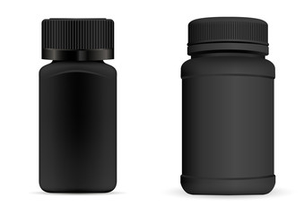 Pills bottles. Black round and square medical container for drugs, diet, nutritional supplements. Vector illustration isolated on white background.