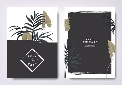 Botanical wedding invitation card template design, green leaves and black palm leaves with black grunge frame, minimalist vintage style