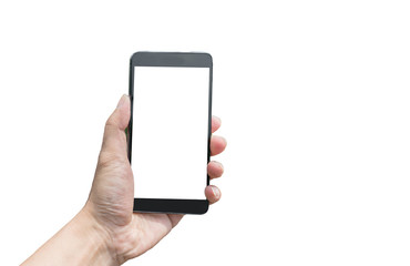 People holding a cell phone in white background