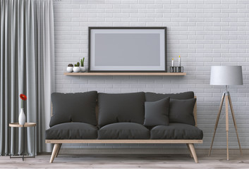mock up poster frame in hipster interior living room background, 3D render