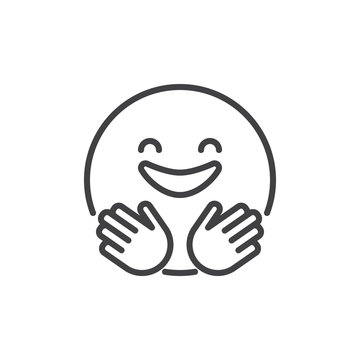 Hugging Smiling Face Emoji Outline Icon. Linear Style Sign For Mobile Concept And Web Design. Happy Emoticon Simple Line Vector Icon. Symbol, Logo Illustration. Pixel Perfect Vector Graphics