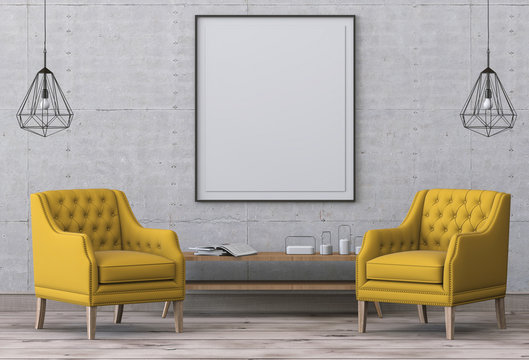 mock up poster frame in hipster interior living room, 3D render