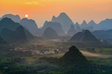 Landscape of Guilin, China. Li River and Karst mountains called Cuiping or