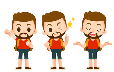 Vector set of male traveler, backpacker character isolated on white background