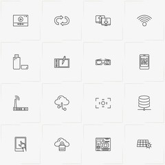 Technology line icon set with wireless connection , sun battery  and file transfer network