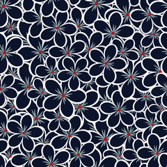 Seamless vector floral pattern with abstract outline flowers scattered random in white and dark blue colors