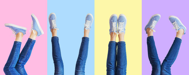 Collage of female legs in jeans and sneakers in the different poses on colored background, panorama