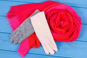 Shawl or scarf and gloves for woman made of cotton, clothing for autumn or winter concept