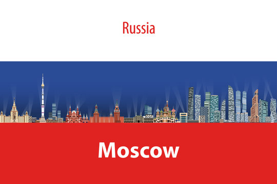 Moscow city skyline with flag of Russia on background vector illustration