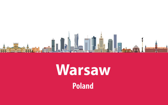 Fototapeta Warsaw city skyline with flag of Poland on background. Vector illustration