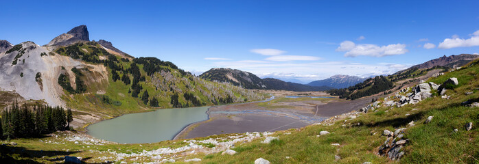 Beautiful panoramic Canadian Mountain Landscape view during a vibrant sunny summer day. Taken in Garibaldi Provincial Park, located near Whister and Squamish, North of Vancouver, BC, Canada.