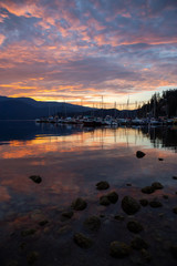 Beautiful view of Deep Cove during a colorful summer sunrise. Taken in North Vancouver, BC, Canada.