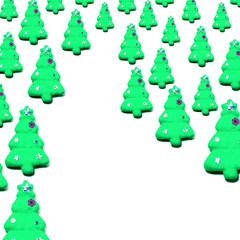 黄緑のクリスマスツリーのオーナメントで作って置いた森の小道と白バック