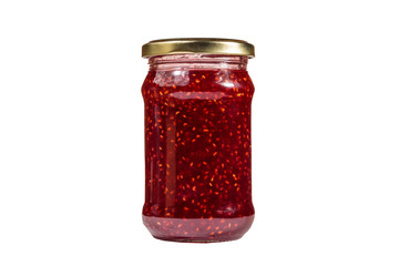 Raspberry jam in glass jar isolated on white background