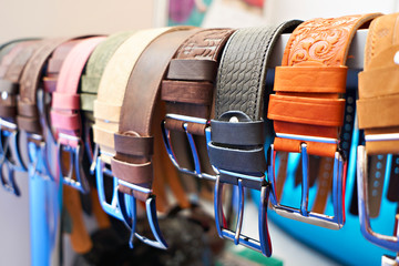 Mens leather belts in store