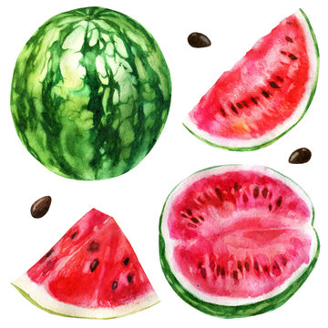 Watercolor illustration, set. Watermelon, half a watermelon, a piece of watermelon, a slice of watermelon.