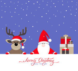 Christmas and New Year card with Santa Claus, deer and gifts.