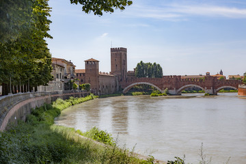 old roman bridge spans river adige in Verona