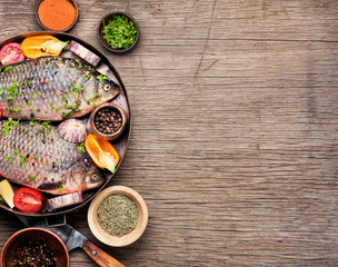 Fresh raw fish and food ingredients