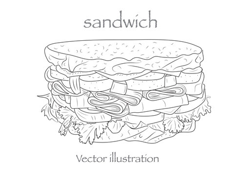 Hand drawn sketch steak sub sandwich. Vector black  illustration Isolated object on white background. Menu design