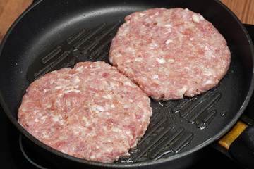 Raw hamburger cutlets or burger patties on frying pan