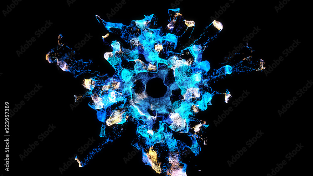 Poster 3d rendered particles flowing from the center to the external borders of frame. magical dust explois