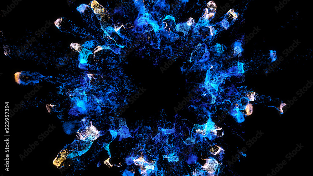 Poster 3d rendered particles flowing from the center to the external borders of frame. magical dust explois