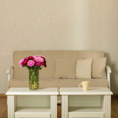 Beige sofa with pillows in the living room and vase with Flowers (Michaelmas daisy, asters).