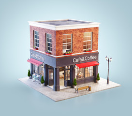 Unusual 3d illustration of a cozy cafe