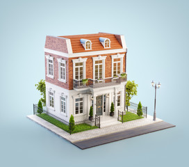 Unusual 3d illustration of a beautiful house with