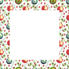 Watercolor Christmas  square frame with holly, mistletoe, poincettia.