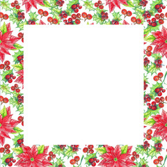 Watercolor Christmas  square frame with holly, mistletoe, poincettia.