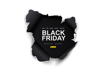 Black Friday sale background. Hole in black paper on white background. Big Sale, black friday, creative template.