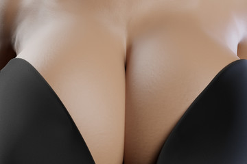 Obraz premium Big breasted woman in black dress with deep neckline and huge cleavage