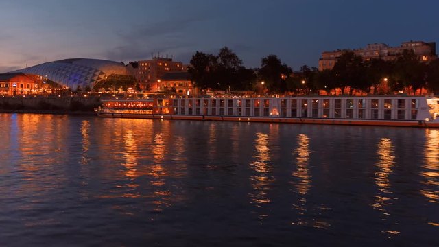 Twilight shot of the Danube in Budapest, Hungary, featuring the Budapest Whale - Shopping and Cultural Centre by the Danube