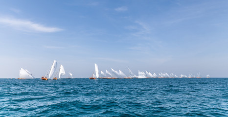 Fototapeta premium Traditional sailing dhows race back to Abu Dhabi at 60 Feet Dhow Sailing Race