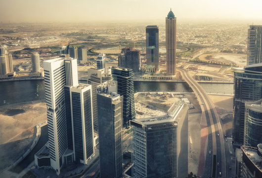 Aerial view skyscrapers of Dubai, United Arab Emirates. Spectacular urban skyline.