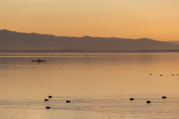 Beautiful view of a lake at sunset, with orange tones, birds on water and a man on a canoe