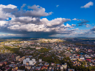 Tomsk cityscape Siberia, Russia. Tom river. Drone aerial top view.