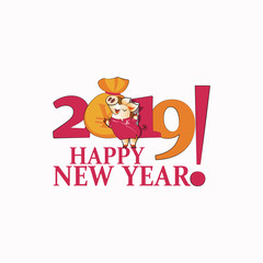 Cute elegant pig with a bag of Chinese money. Chinese New Year. Chinese symbol of the 2019 year. Greeting card, festive gift card with a festive greeting.