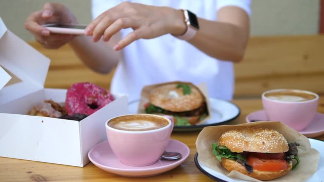 Hands Taking Photos Of Breakfast Food With Smartphone. Technology, Food And People Concept.