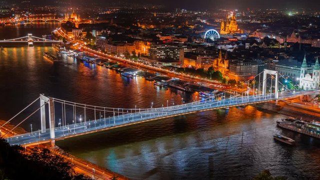 Night time-lapse zoom out shot of the Danube river in Budapest, Hungary shot during nighttime. Intense road traffic can be seen