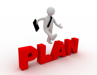 3d man jumping on the word plan