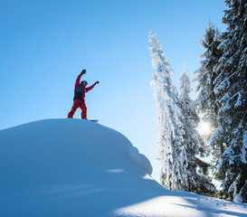 Male snowboarder freerider standing on top of the ski slope with his arms in the air in victorious...