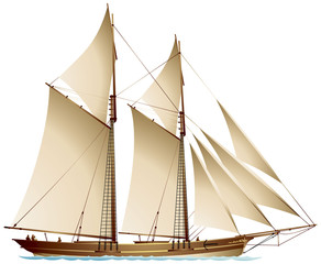Schooner sailing vessel, a traditional gaff-rigged schooner with two mast and fore-and-aft rigged gaff sails realistic vector illustration  