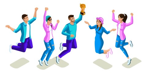 Isometrics teenagers jumping, bright design, generation Z, cool girls and boys, people, phones, gadgets on a white background