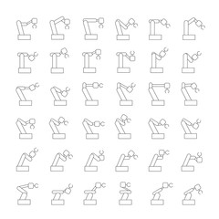 industrial robotic arm icons, robot in manufacturing process