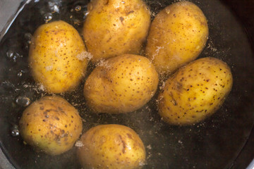 Potatoes boiling in a saucepan on a gas hob