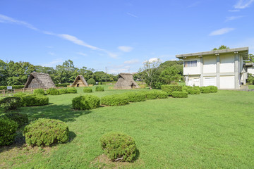Fototapeta na wymiar 蜆塚遺跡にある復元家屋と収蔵庫（静岡県浜松市）