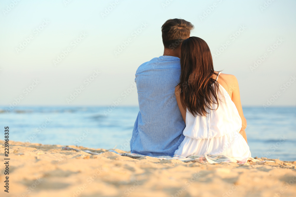 Poster happy young couple sitting together on beach